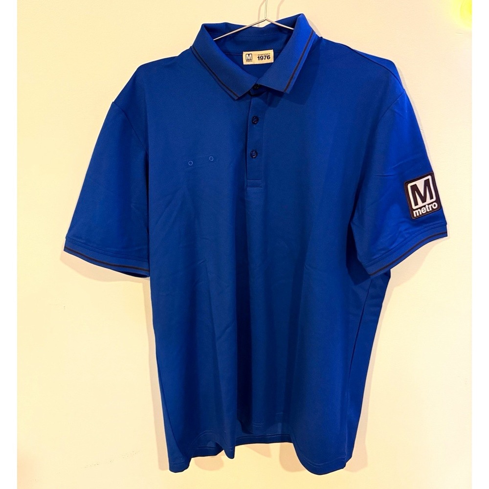 Metro Men's Blue Solid Short Sleeve Collared Polo Shirt Size L Logo Buttons
